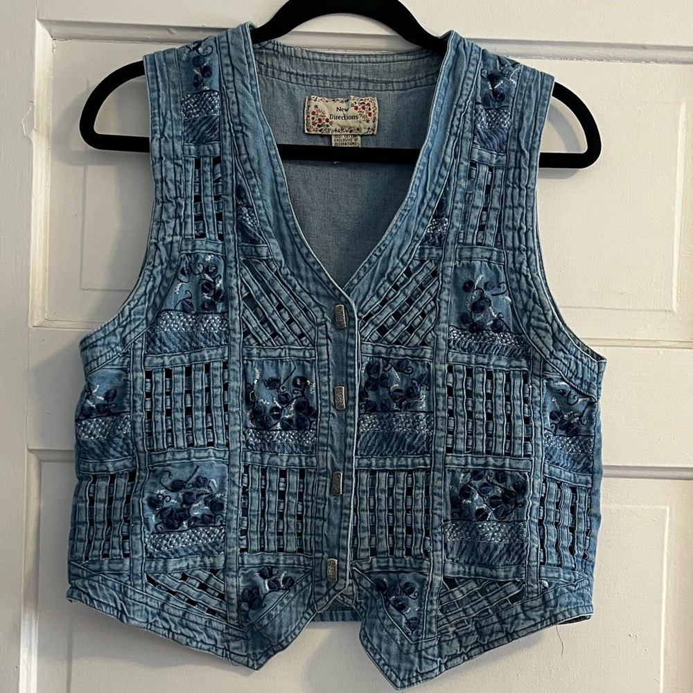New Directions Blue Denim Vest with Floral Accents
